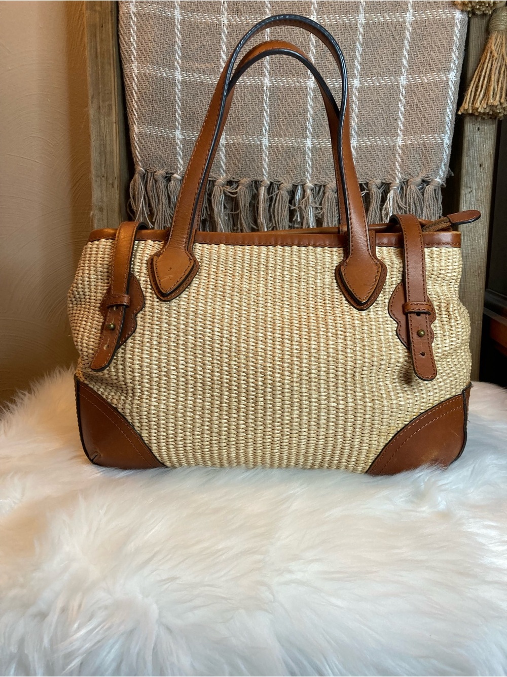 Brooks Brothers Woven Straw Satchel with Brown Leather Trim - Good condition - Picture 2 of 7